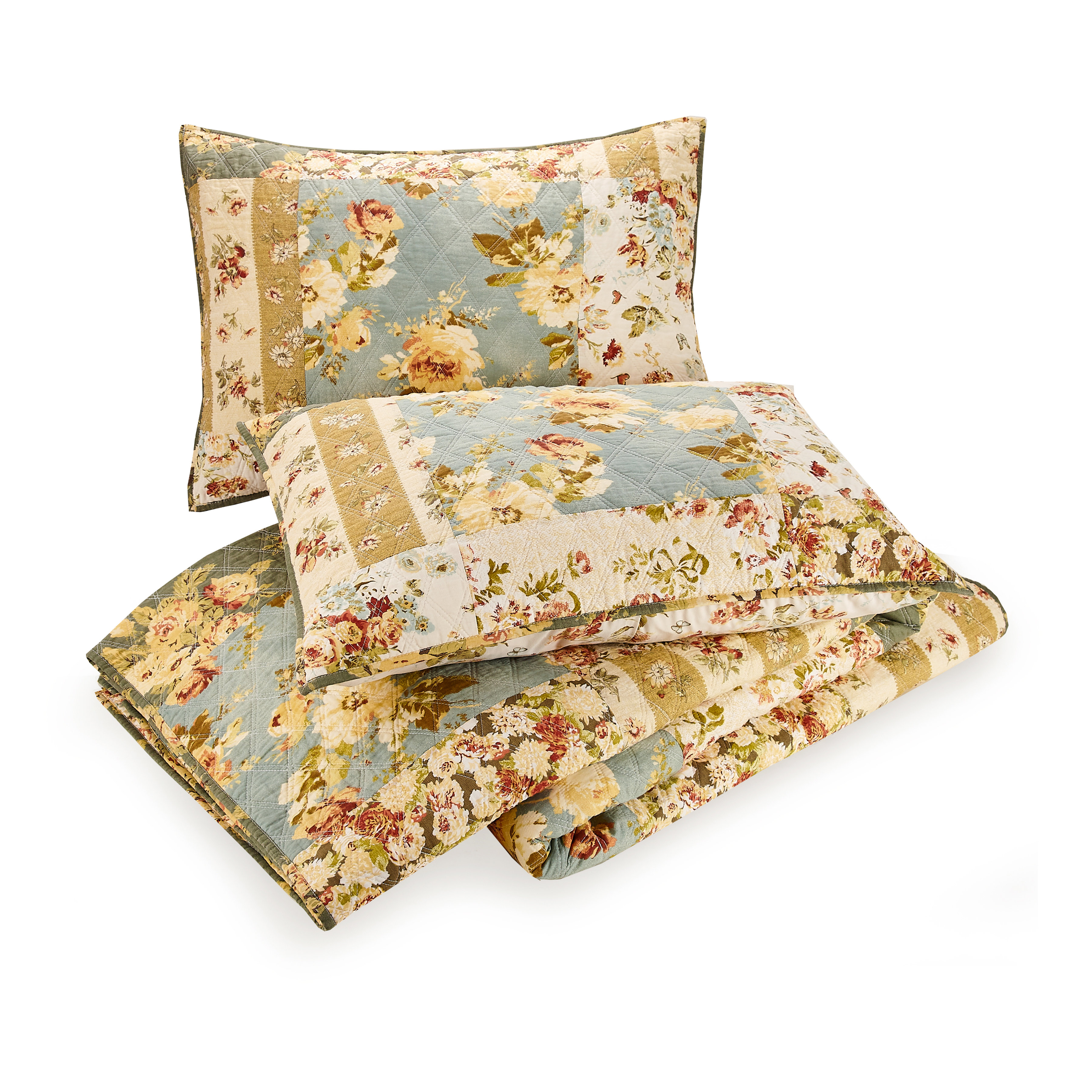 Modern Heirloom Floral Patch 3-Piece Cotton Quilt/Coverlet Set | Wayfair