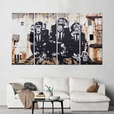 Toile imprimée: art mural en verre trempé Singe Banksy, toile tendue 4P