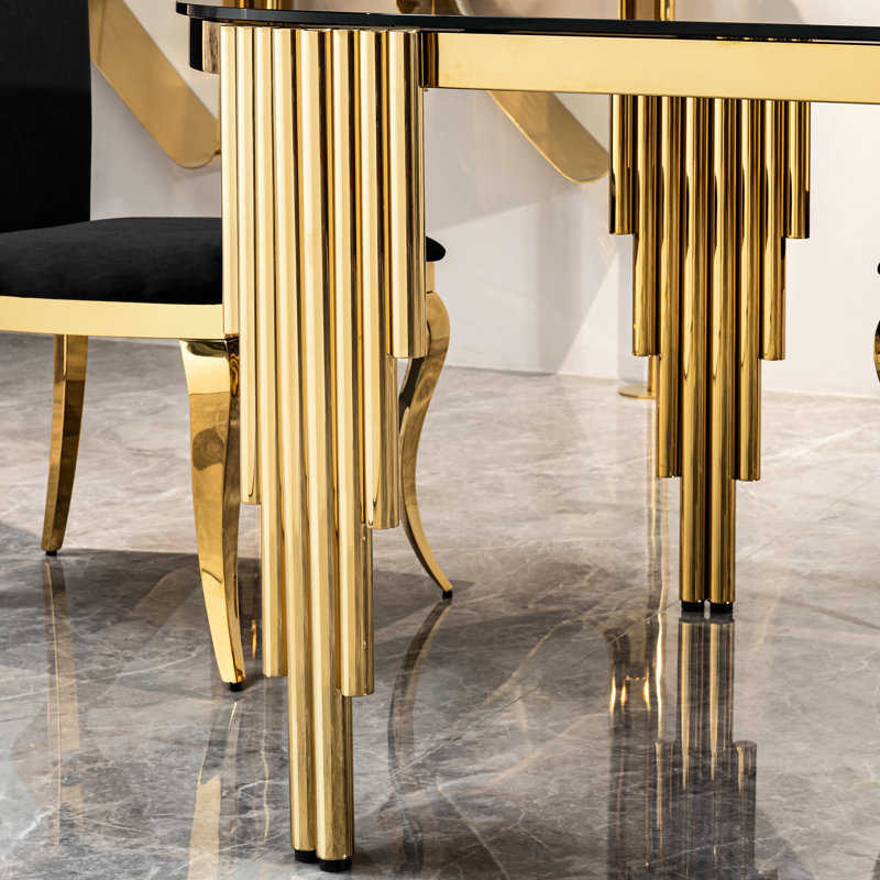Table en verre trempé noir H 68,26 po x H 28,82 po avec base en acier inoxydable doré pour cadre supérieur de table 68,26 po 6