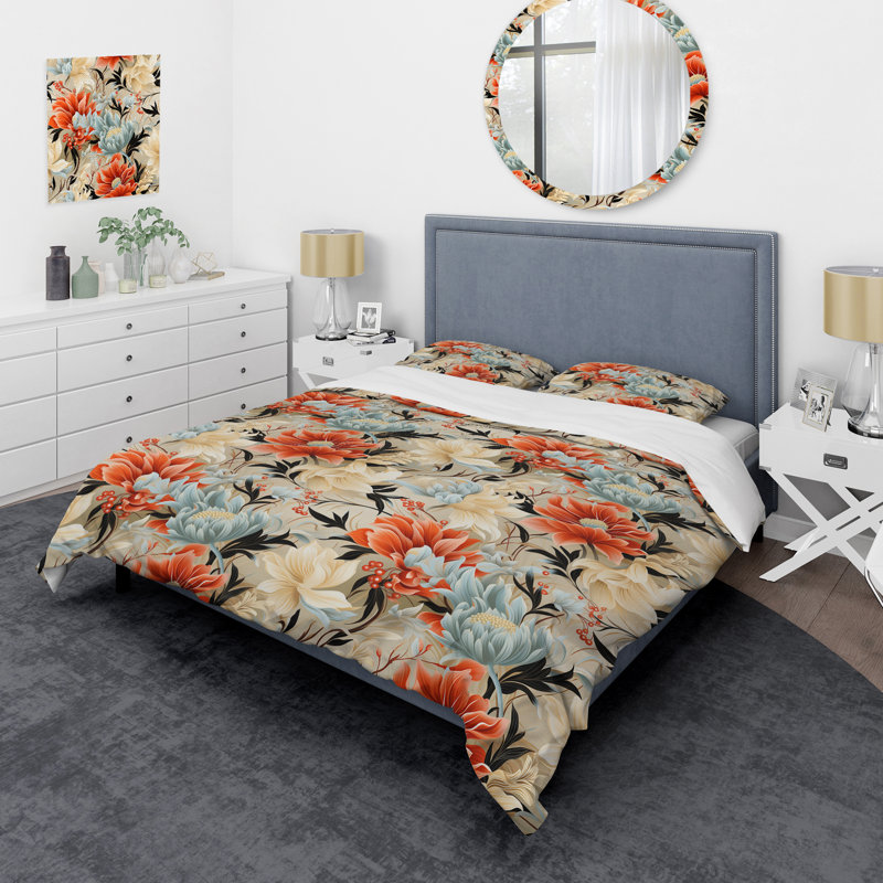 Ensemble de housse de couette à motif floral jaune et rose, Housse de couette pour grand lit et 2 taies décor