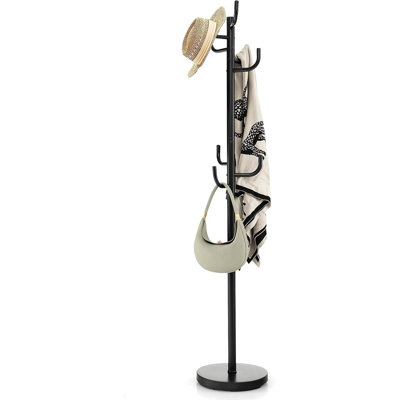 Heavy-Duty Freestanding Metal Coat Rack With 8 Hooks And 13-Inch Base, Hall Tree Stand For Hats, Jackets, Scarves, Bags, Umbrellas – Black