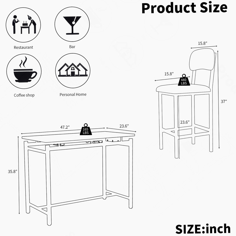 3 Pieces Dining Table Sets, With Fixed Table, Black