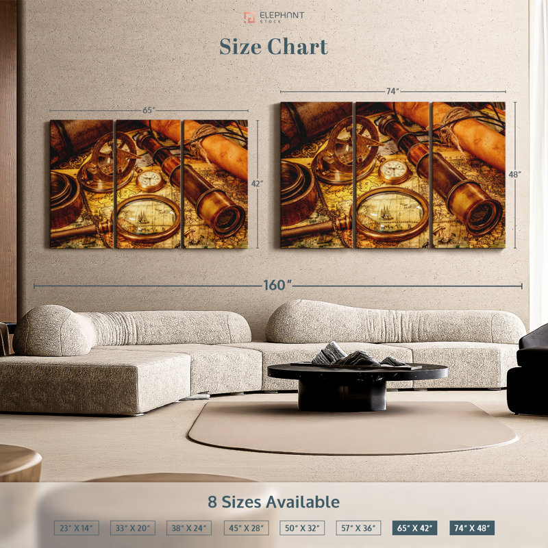 "Vieux outils de navigation nautique" sur toile, H 48 po x l 74 po