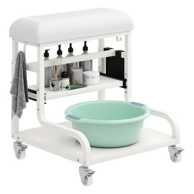 Adjustable Pedicure Foot Rest with 3-Level Height, PU Cushion, Storage and Locking Wheels, Mobile Pedicure Cart Foot Bath Trolley by Mercer41