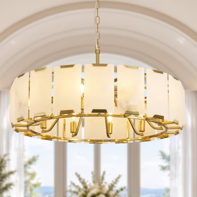 32 in. Gold 10-Light Drum Alabaster Chandelier Kitchen Island Lighting