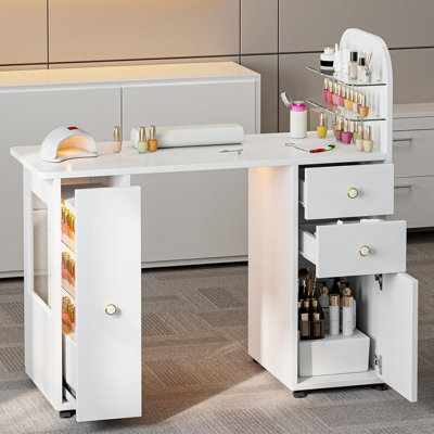 Bureau à clou professionnel pour Nail Tech avec vitrine à DEL, table de manucure roulante avec roues verrouillables, tiroirs de rangement, coussin de poignet, résistant à l'acétone, pour salon de beauté, spa et maison (blanc)
