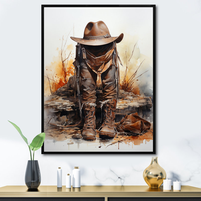 Yushua, minimalisme, chapeau de cowboy et botte I sur toile, H 32 po x l 24 po x P 1 po, Cadre flottant noir