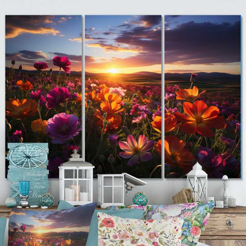 Coucher de soleil sur les champs de fleurs sauvages sur toile, reproduction de 3 pièces, H 28 po x l 36 po x P 1 po