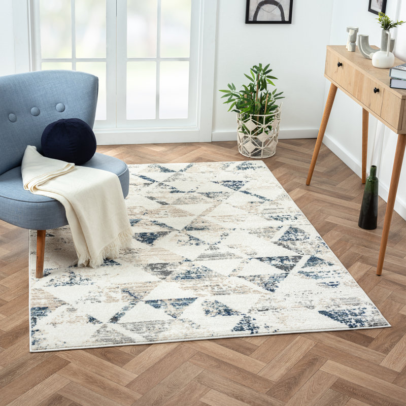 Tapis ivoire / gris / bleu Dequone, Rectangle 7 pi 9 po x 9 pi 9 po
