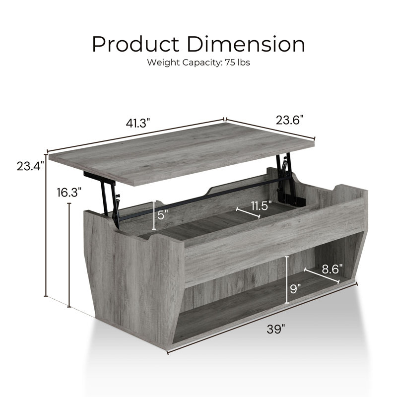 Table basse avec rangement à plateau relevable et tablette de plancher Lateafa, Chêne gris rétro