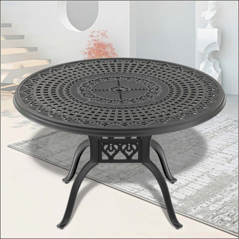 Table de salle à manger en fonte d'aluminium avec cadre et trou pour parasol