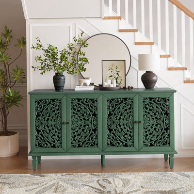 Buffet antique 60 "avec sculptures florales avec pieds en bois massif et poignées en laiton antique et tablettes réglables, meuble télé pour téléviseur 65" +, buffet pour le salon, la salle à manger (vert antique)