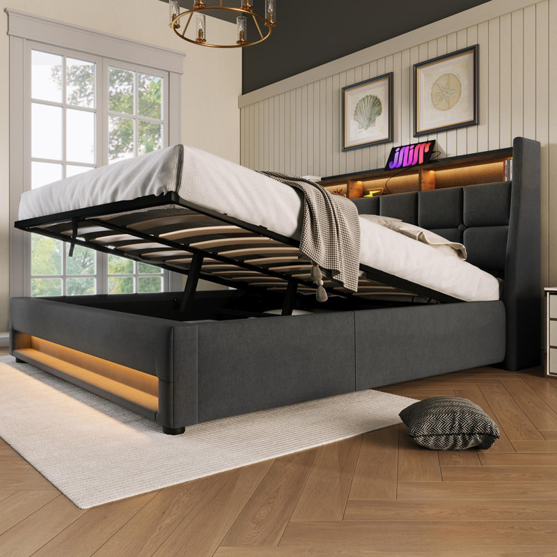 Storage Bed With Led And Usb Linen, Double (4'6), Grey
