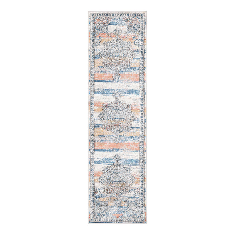 Tapis bleu / blanc / orange à motif abstrait Weingartner, Tapis de couloir 2 pi x 8 pi
