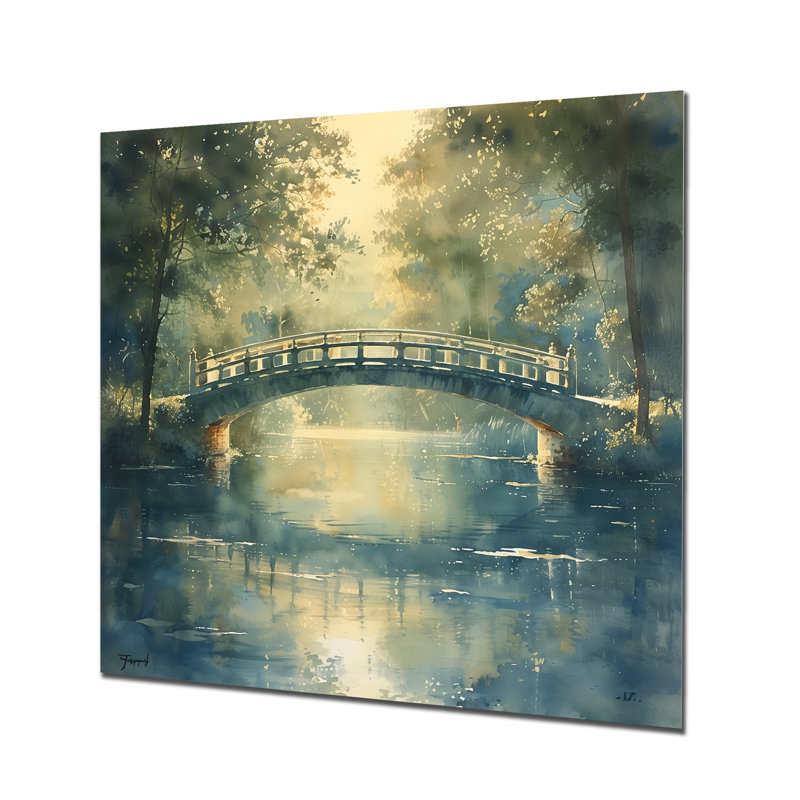 «Green Beige River Crossing Park Bridge I», art mural, Métal métal, H 16 po x l 16 po x P 1 po