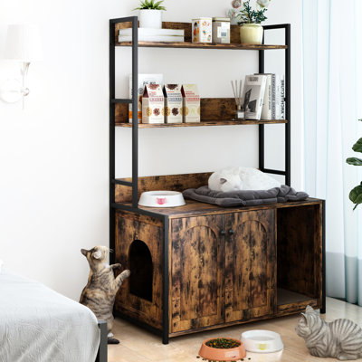 Grand bac à litière pour chat avec tablette de rangement, tablette à gratter, alcôve intérieure, salle de bain cachée, 2 portes, armoire brune et étagère de rangement, sanctuaire de toilette dissimulé, portes,