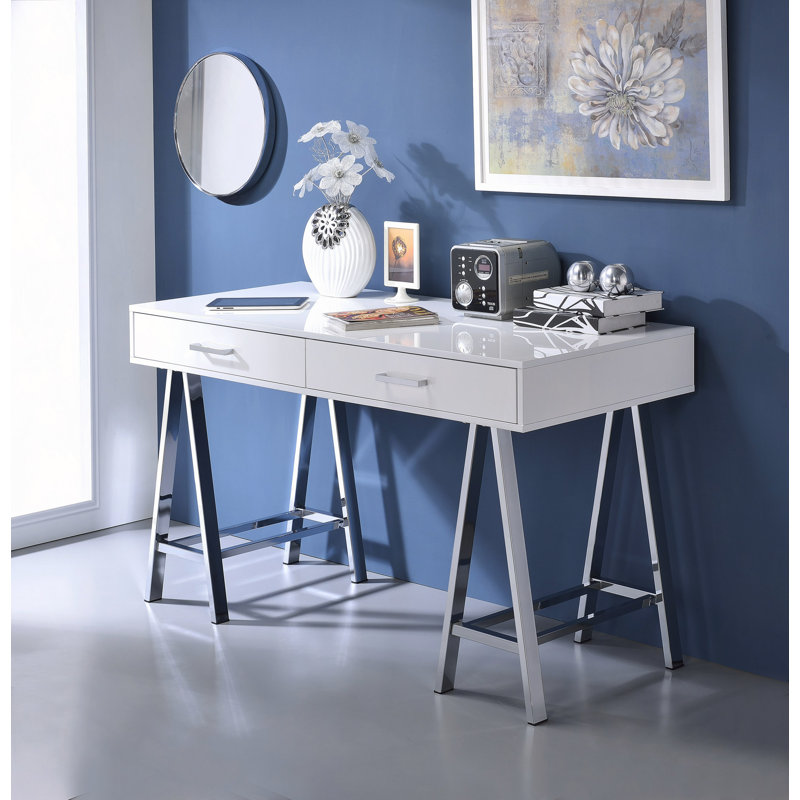 Bureau d'écriture blanc ultrabrillant et finition chrome avec USB, Blanc