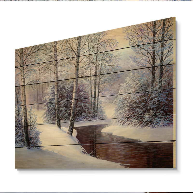 Forêt de Noël avec rivière II - impression sur bois sans cadre, H 8 po x l 12 po x P 1 po