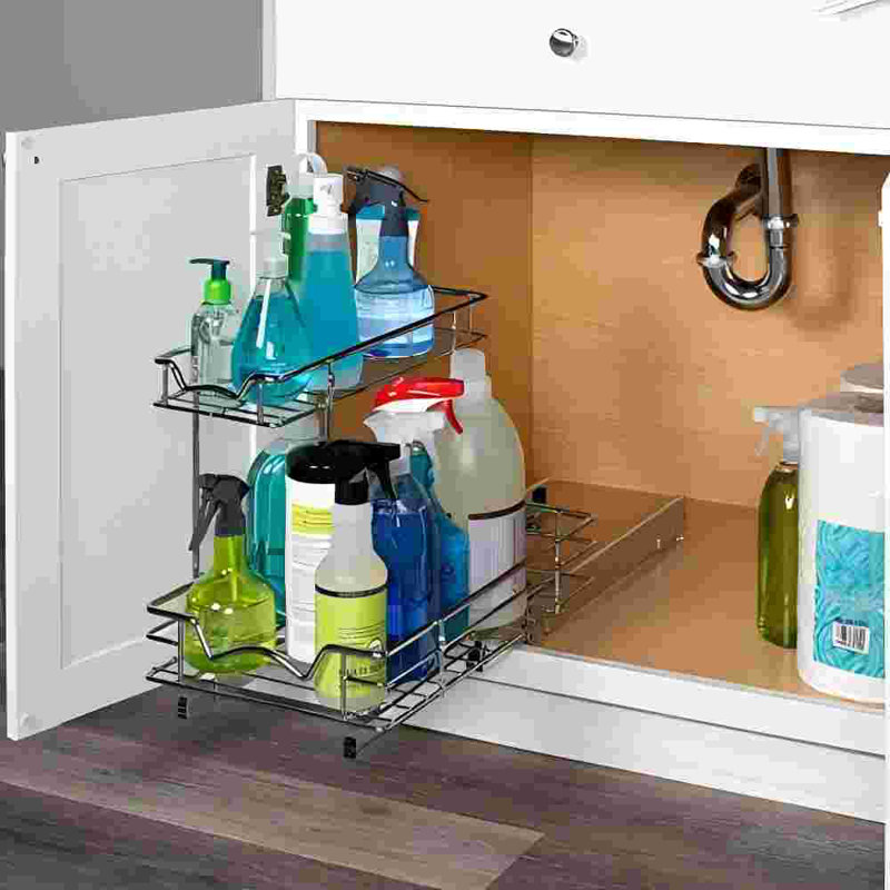 2 Tier Under Sink Organizers And Storage - Slide Out Cabinet Organizer With Sliding Drawers For Inside Cabinets-  11"W X 21"D X 15"H, Chrome.