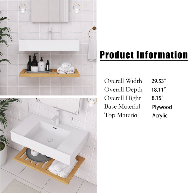 Meuble-lavabo mural simple 30 po en bois naturel avec plateau en acrylique intégré