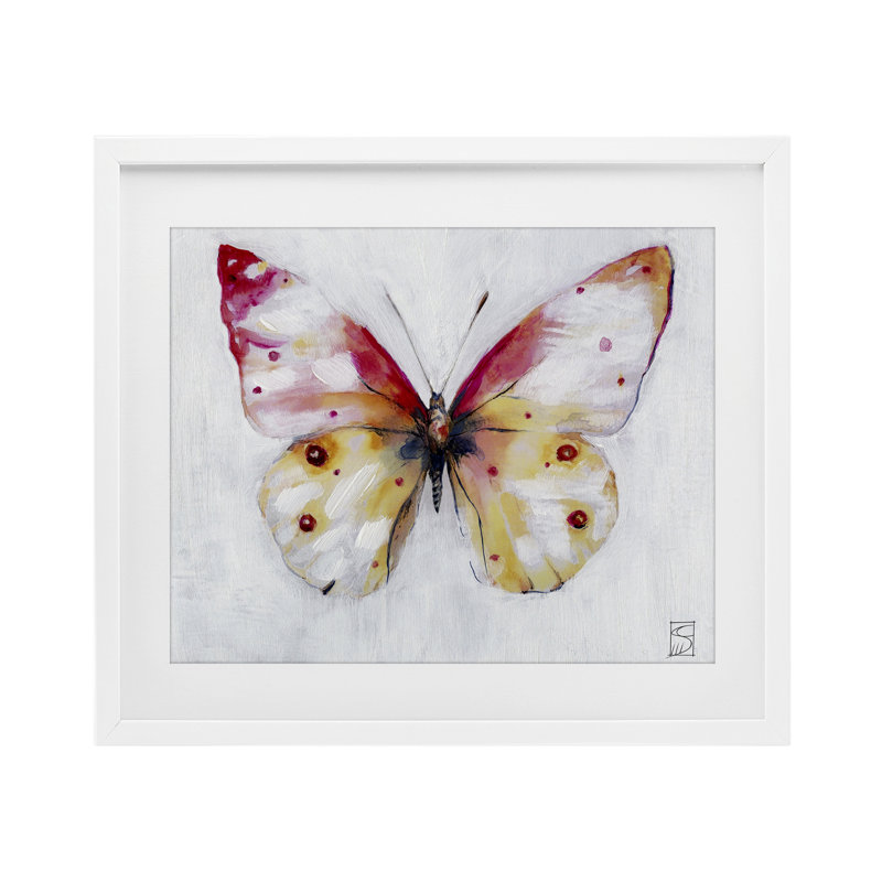 Pink & Yellow Butterfly Framed Print Under Glass, design by Sara Culpepper, 17" H x 21" W, Coastal White Frame