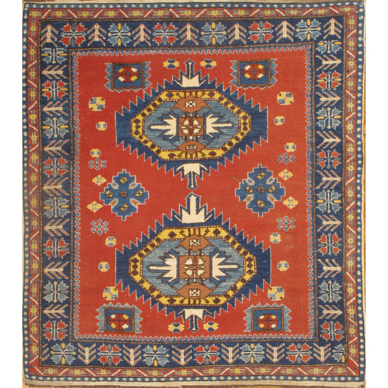 Tapis rouge en laine noué à la main Doane Kazak