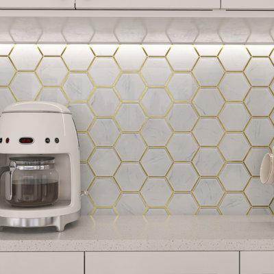 Super White Calacatta Color Crystal Glass Gold Metal Trim Hexagon Mosaic Sheet Tile By Modket