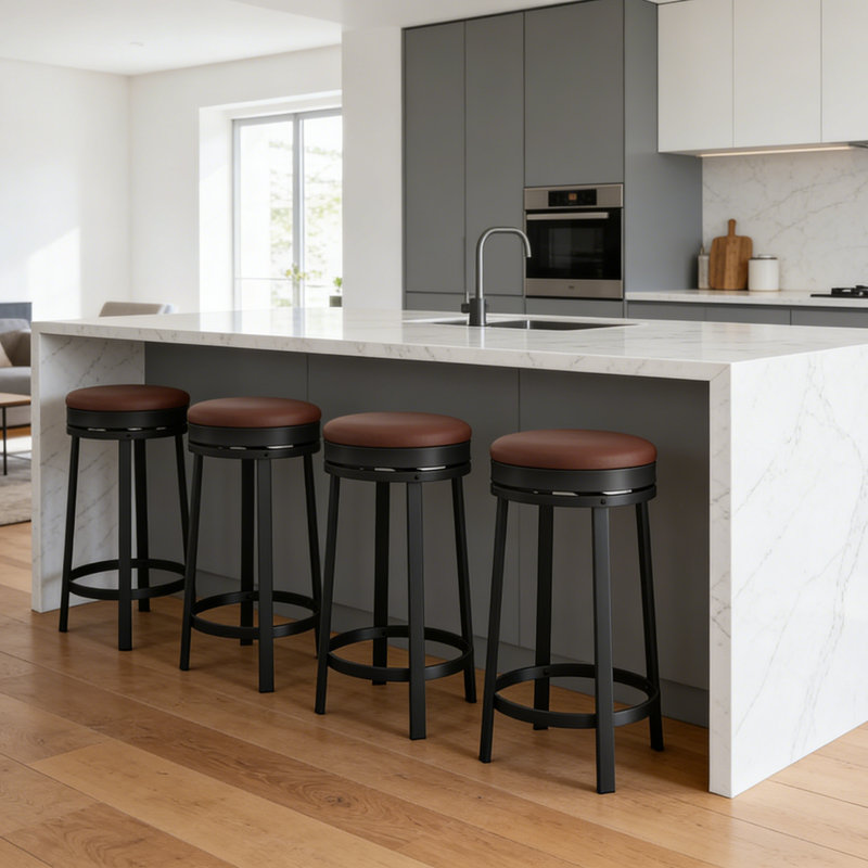 Swivel Bar Stools Set of 4, 24.4" Counter Height Bar Stools - 360° Smooth Swivel, Metal Frame with Footrest, Waterproof PU Leather, Brown Round Backless Barstools for Home Bar, Kitchen Barstools,Brown