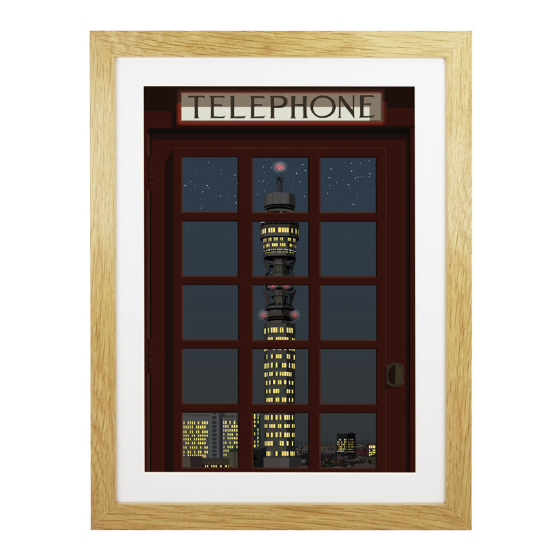 London Telephone Box 7 - Print, 50cm H x 40cm W x 3cm D, Oak Framed