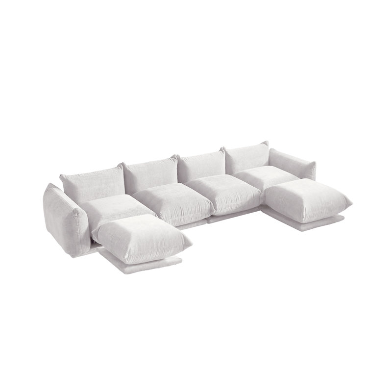 Minarik 4-Seat Chenille Fabric Upholstered Sectional Sofa With 2 Ottoman, Beige Chenille
