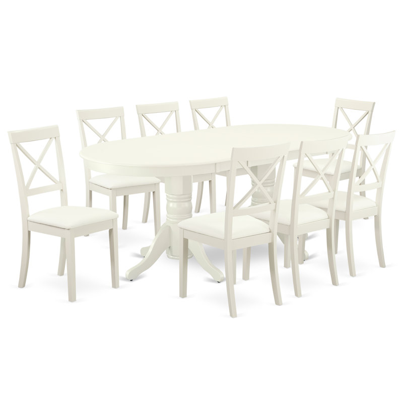 9 Piece Dining Set Includes an Oval Dining Room Table with Butterfly Leaf and 8 Faux Leather Kitchen Chairs, Linen White, 9