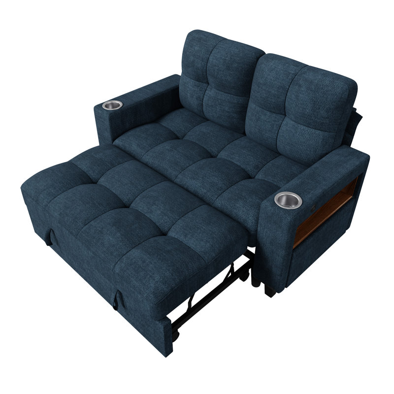 Canapé-lit 58,7 po en chenille avec lit escamotable, accoudoirs de rangement, porte-gobelets, ports USB et Type-C, bleu