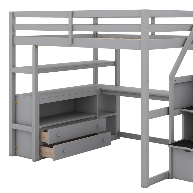 Lit mezzanine double avec bureau et tablettes, Gris