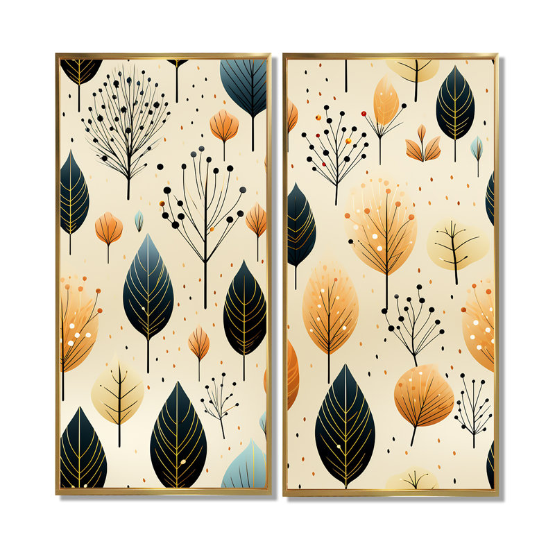 Modern Leaf Patterns - Blue Wall Art, 20" H x 24" W, Framed Print without Mat, Gold