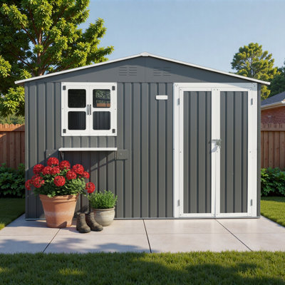 Ventilated Practical 10x8 FT Outdoor Metal Storage Shed with Window & Flower Rack, Lockable Double Doors Tool Shed, Waterproof Weatherproof Garden Shed for Backyard Patio