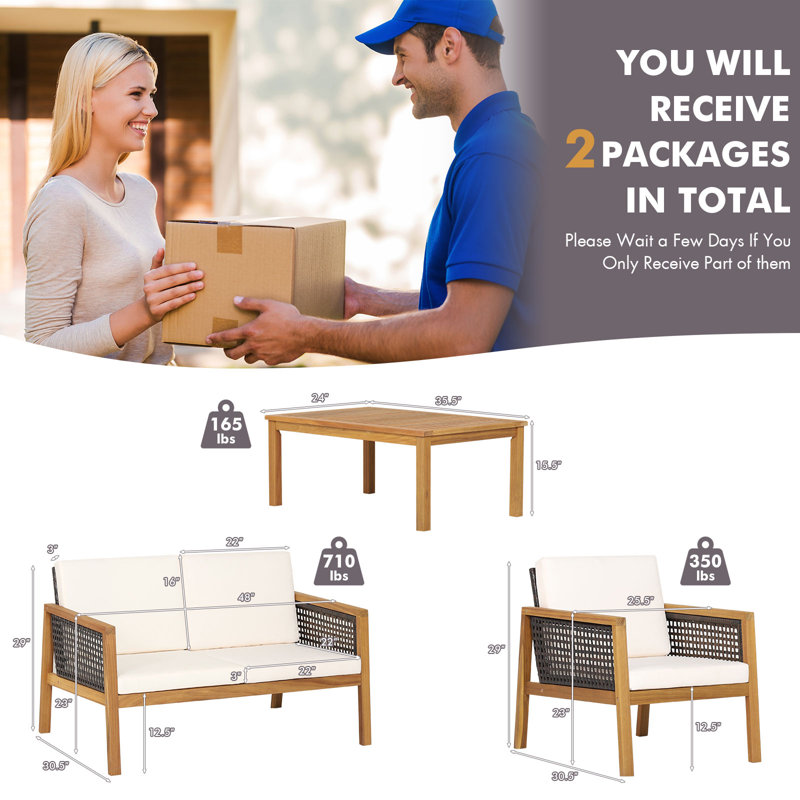 Acacia Wood 4 - Person Patio Conversation Set with Cushions, Off White