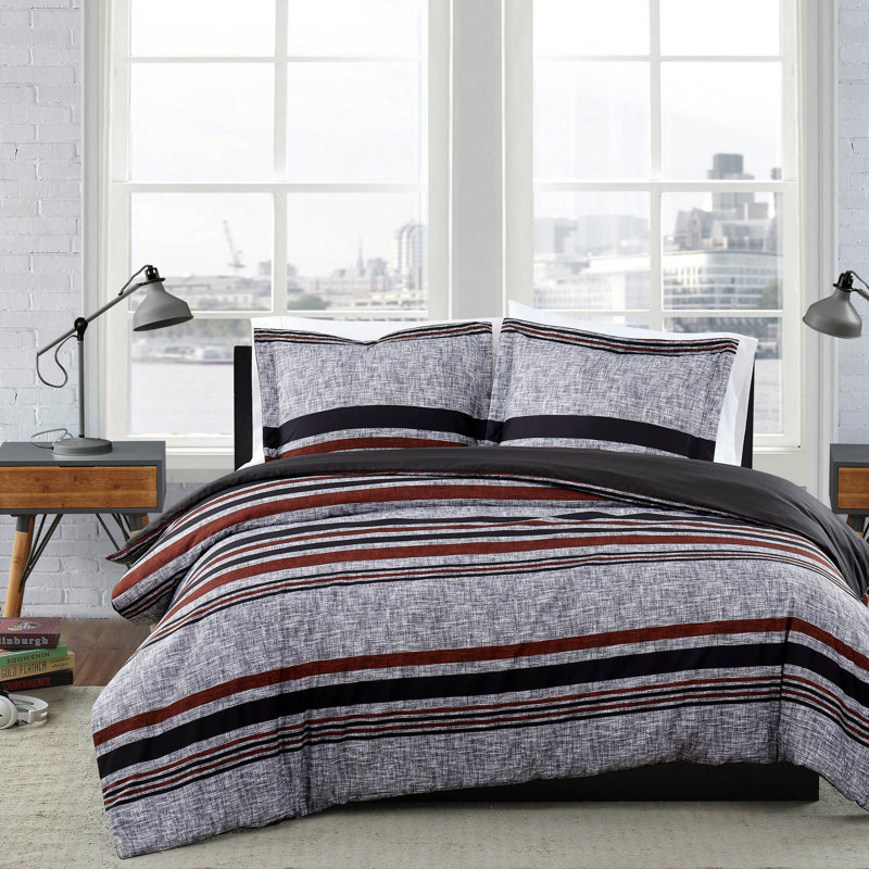 London Fog Warren Stripe Duvet Cover Set, Queen Duvet Cover + 1 Standard Sham