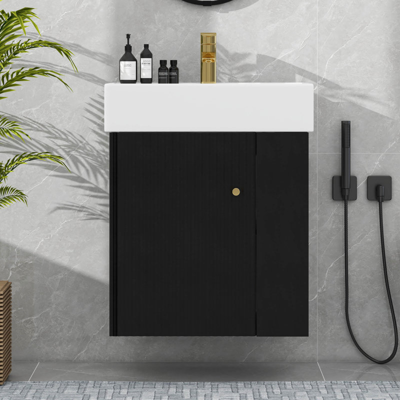 Meuble-lavabo flottant moderne avec lavabo en céramique, rangement à droite, Noir