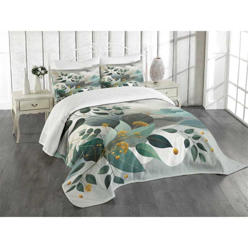 King Size Dark Sea Green Blue Floral Bedspread Set