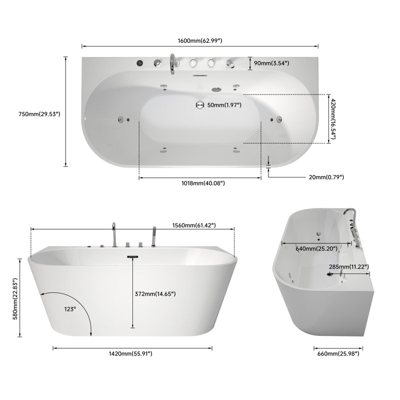 Baignoire tourbillon en acrylique 63 po avec interrupteur à air, jets, éclairage DEL et robinet à 4 trous