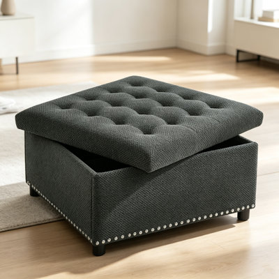 Square Storage Ottoman, Dark Grey Polyester Upholstered Footstool with Nailhead Trim, Solid Wood Frame & Plastic Legs for Small Spaces