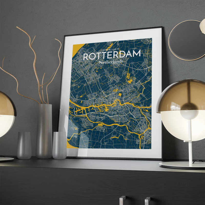 «Rotterdam City Map», impression, H 24 po x l 18 po, Bleu / Jaune