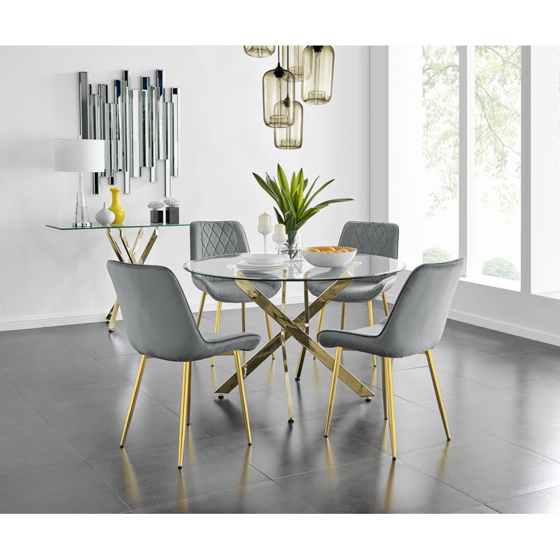 Tierra Sleek Metal and Glass Round Dining Table Set with 4 or 6 Luxury Velvet Upholstered Dining Chairs, 4 Chairs, Gray