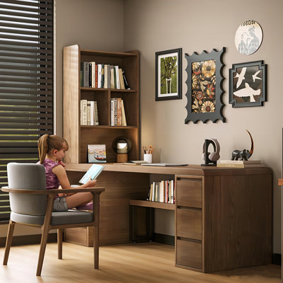 Bureau rectangulaire en bois massif brun, 6 tiroirs