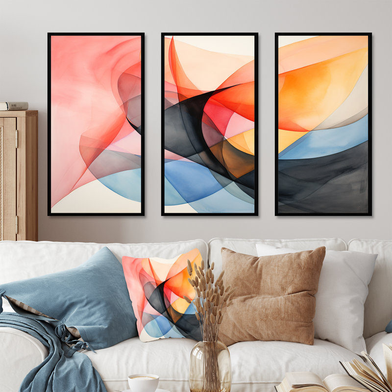 Motif géométrique de couleurs douces I - art mural géométrique, H 28 po x l 36 po x P 1 po, Cadre flottant noir