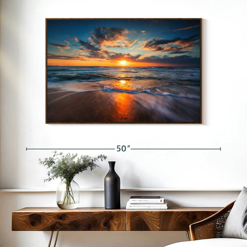 Été, océan, lever de soleil, Cadre flottant noyer, 40 po x 27 po