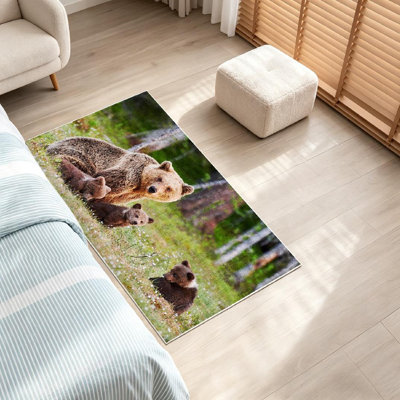 Brown Machine Washable,Mother Bear Her Forest Animal Indoor Area Rug