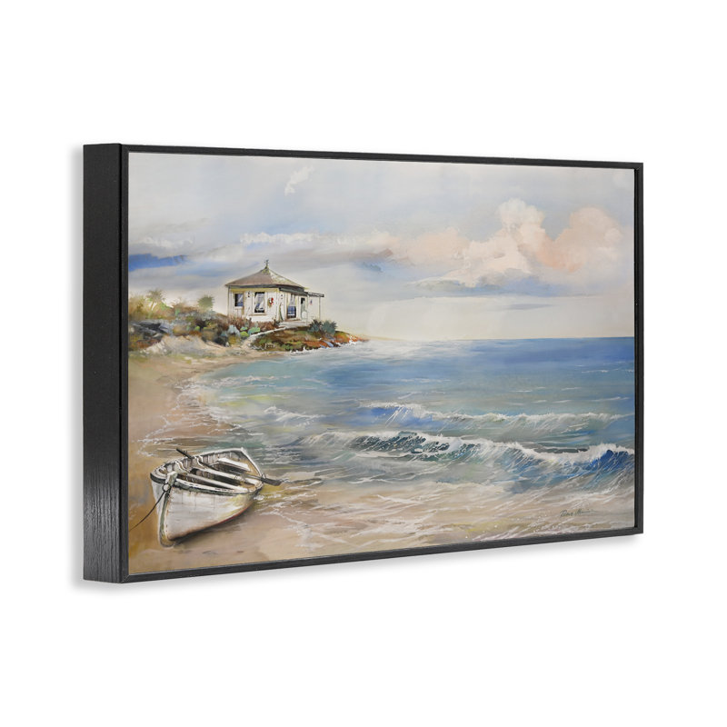 Scène de bateau à rives Shoreline, giclée, conception de Ruane Manning, H 12 po x l 18 po, Giclée encadrée noir minuit