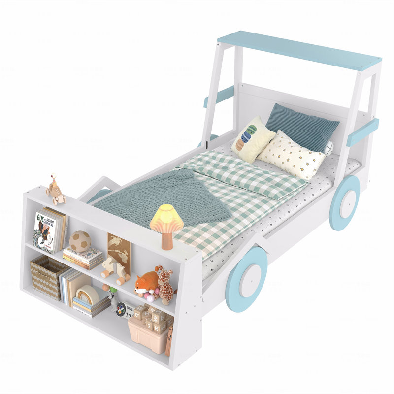 Twin Size Car Bed Frame With Storage Function Shelves, Kids Platform Bed Frame With Cute Car-Shape, Childlike Style Design, Blue And  In White Finish