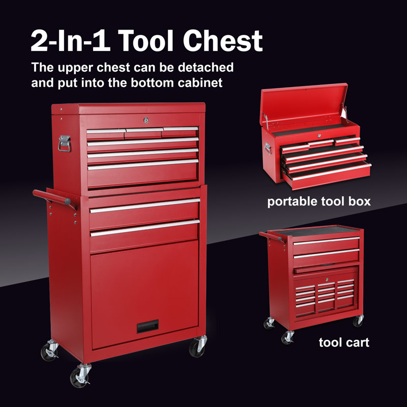 Armoire de rangement à outils pour tiroir à outils avec coffre amovible 2 en 1, Rouge